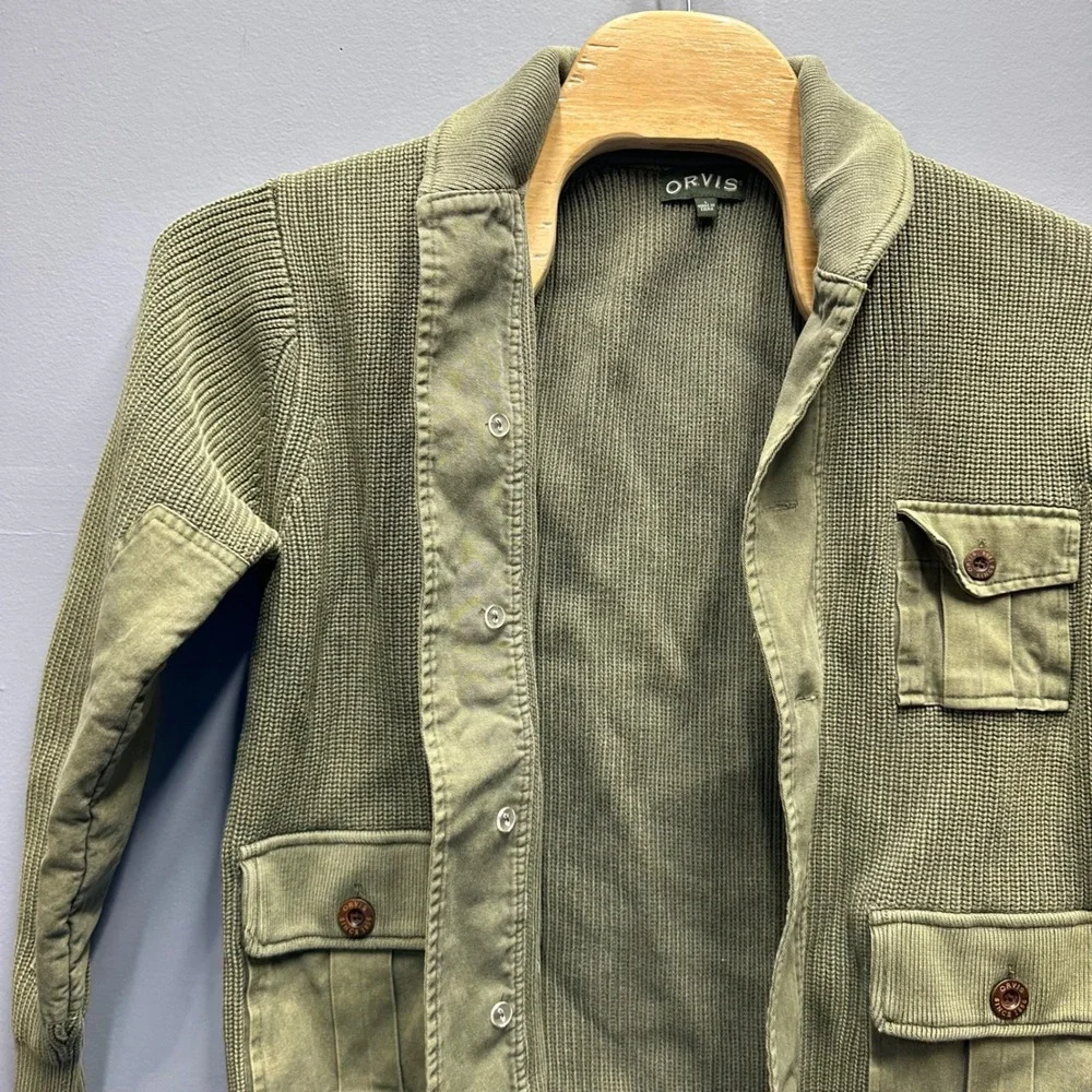Orvis Mens Olive Green Cotton Waffle Knit Shawl Collar Cardigan Sweater Large